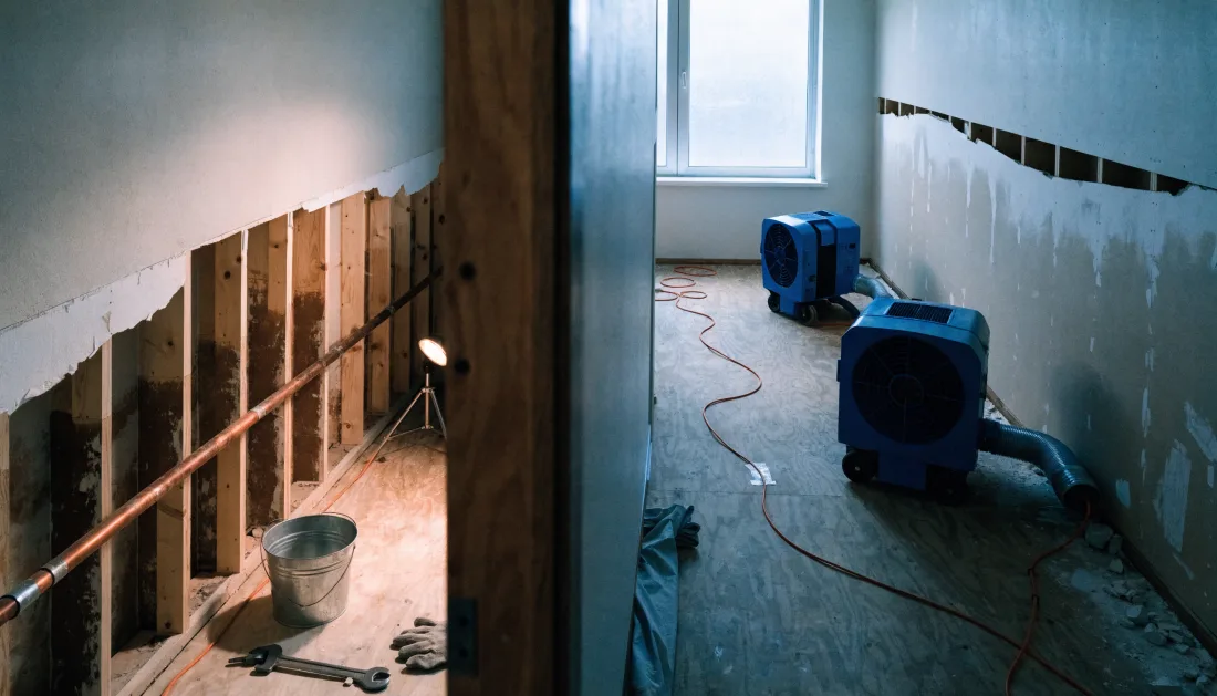A room mid job with a copper pipe run exposed in an opened wall on one side and air movers running against a flood cut wall on the other