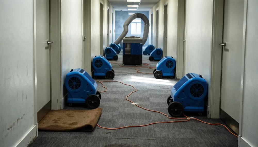 Air movers spaced along an apartment building corridor with a dehumidifier and ducting running at the far end