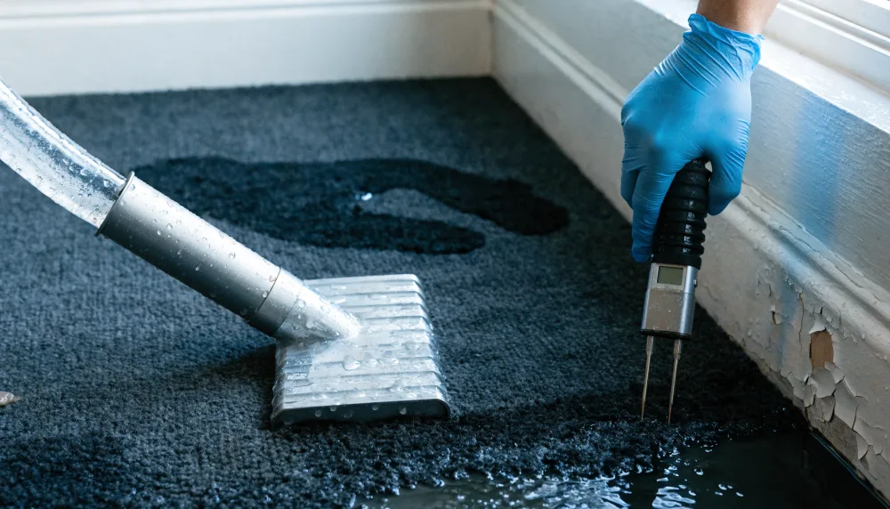 An extraction wand pulling water from soaked carpet while a moisture meter is pressed into the wall above the baseboard