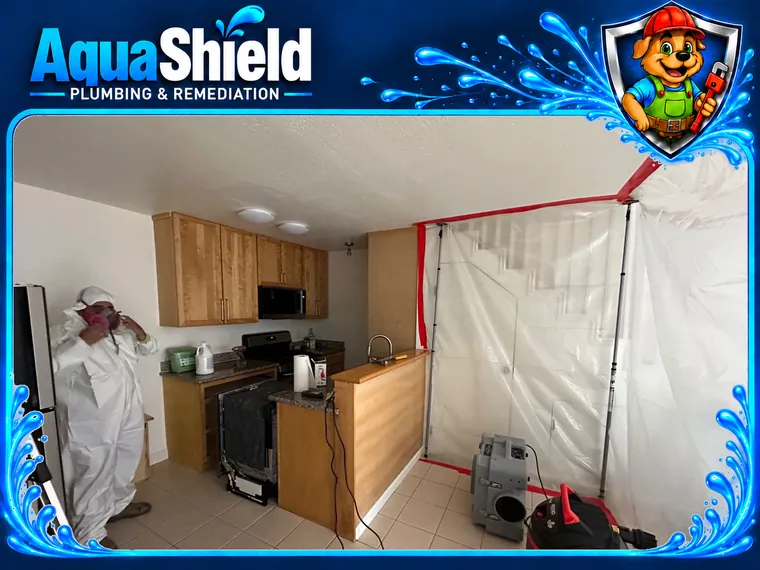 A technician in a protective suit and respirator beside a kitchen sealed off with plastic containment and an air scrubber