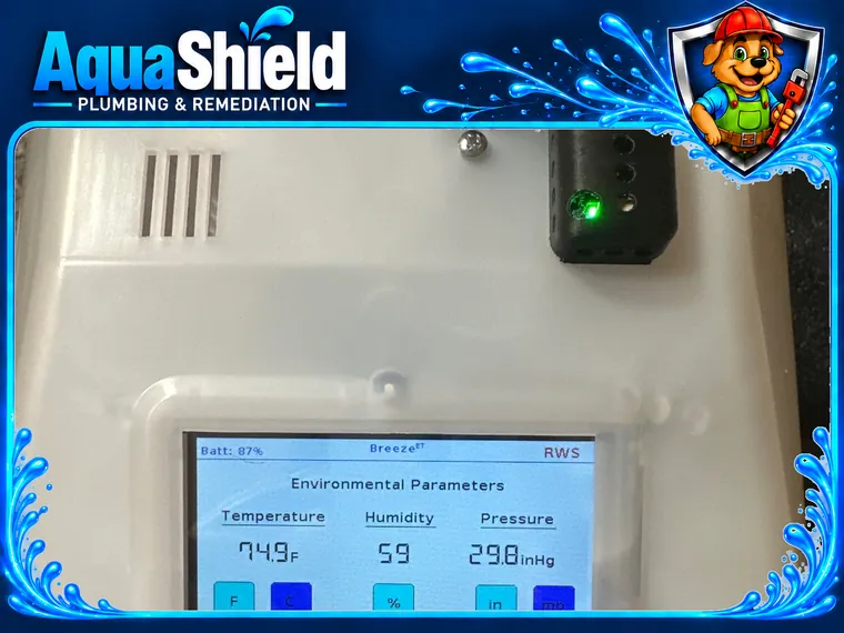 The air sampling pump screen showing temperature, humidity and pressure