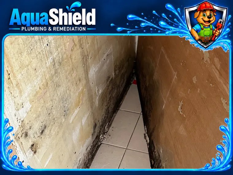 The end panel of a kitchen island pulled back, showing dark mold on the back of the panel and on the wall behind it