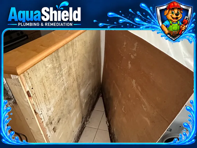 The kitchen island panel pulled away from the wall with mold staining on its back face