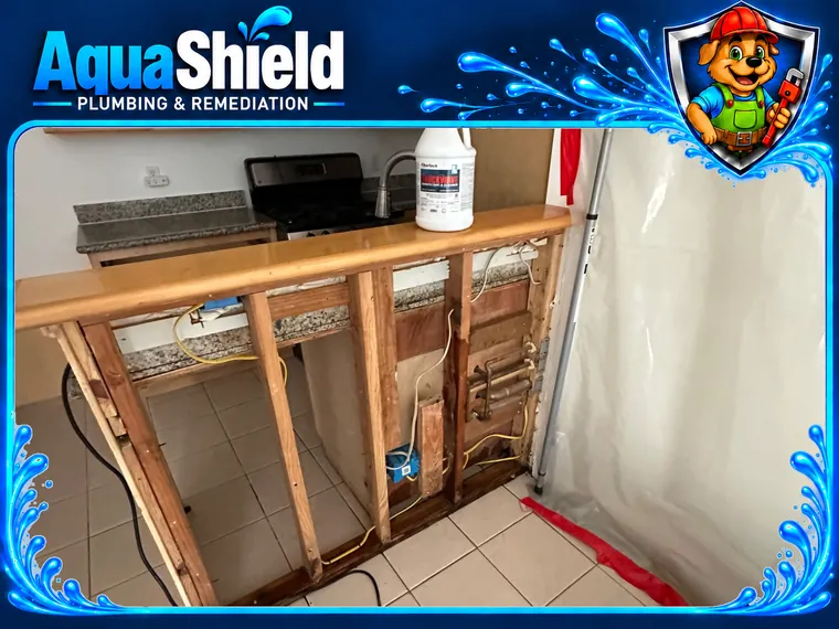 The kitchen island stripped down to its wood framing inside the containment