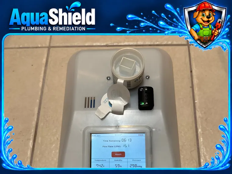 A Breeze air sampling pump on the floor with its screen showing a sample running