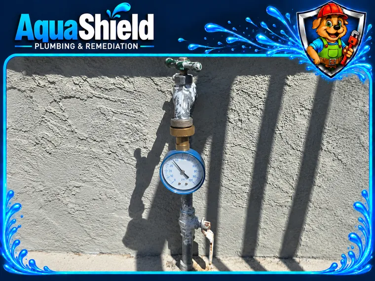 Before: the old water line on a stucco wall with a pressure gauge fitted