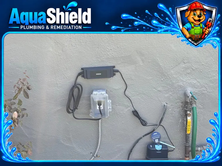 A smart water shutoff valve on the main line against an exterior wall, wired to a weatherproof outlet box and controller