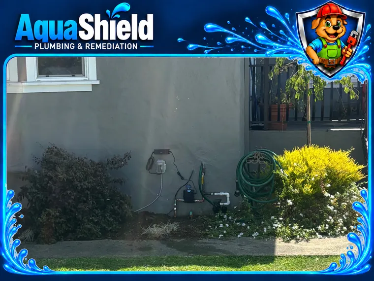 The side of the house with the smart shutoff valve and controller mounted low on the wall beside the garden
