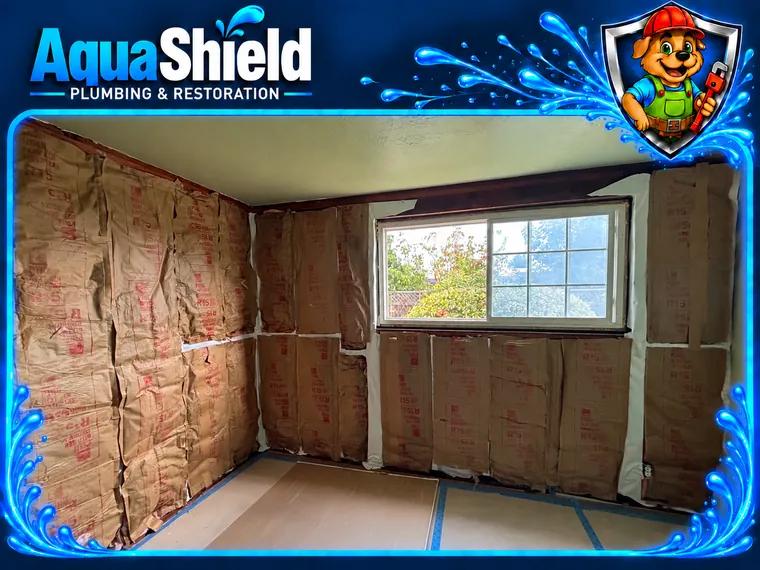 The same bedroom walls with new faced insulation installed between the studs