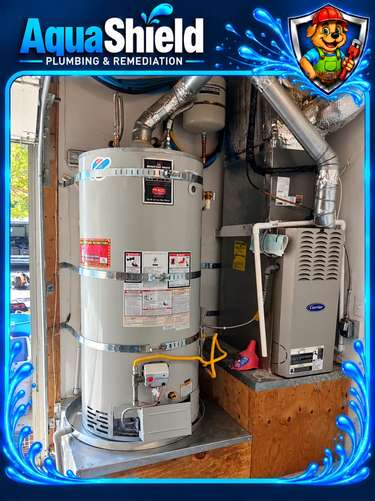 A new gas water heater strapped in place on a raised platform in a garage closet beside the furnace