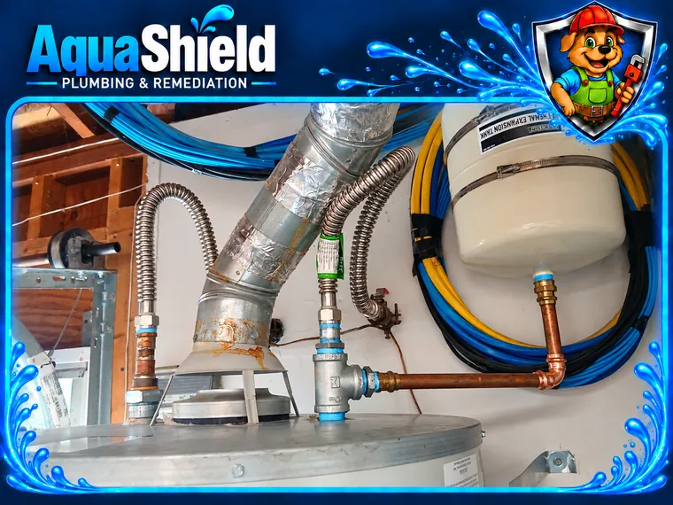 The top of the new water heater: flexible gas and water connectors, the vent pipe and a strapped thermal expansion tank