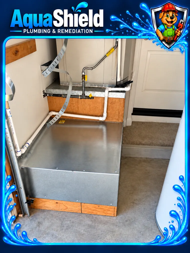 A new metal drain pan on a raised wooden platform in the water heater closet, with a white drain line